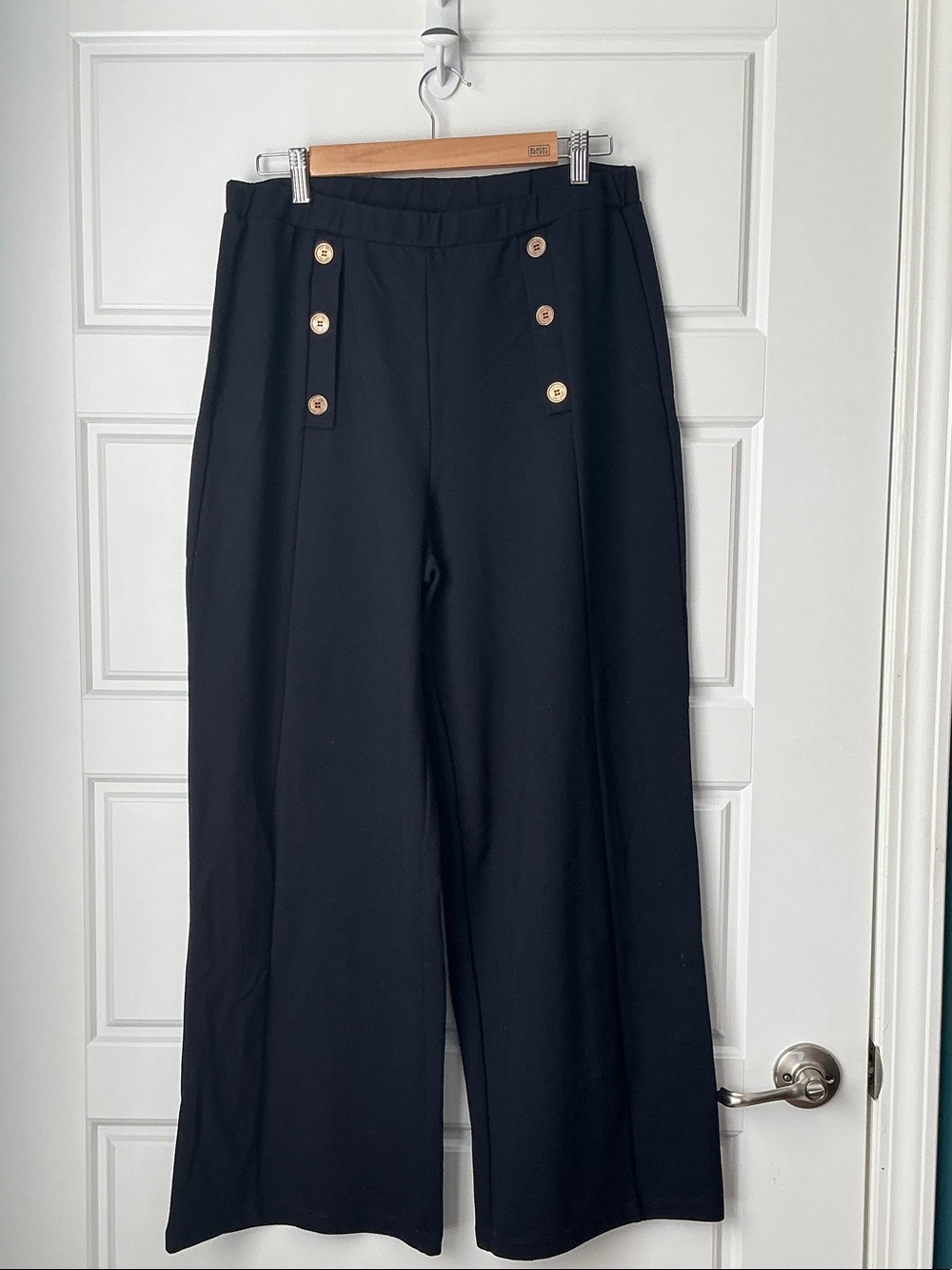 High-Waist Black Wide-Leg Pants with Gold Button Detail